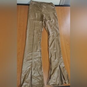 Brown Faux Leather Front Slit Flare Pants